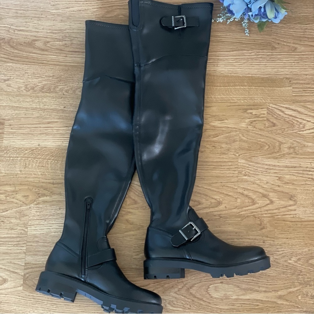 NWOT Nine West Nans Faux Leather Over-The-Knee OTK Pull-On Lug Sole Boot 7.5 - Picture 8 of 12